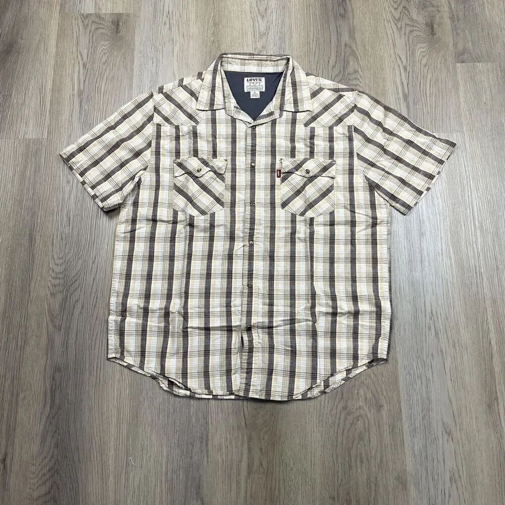 Levis Jeanswear Shirt Mens Large Plaid Western Pearl Snap 90s Vintage Button Up